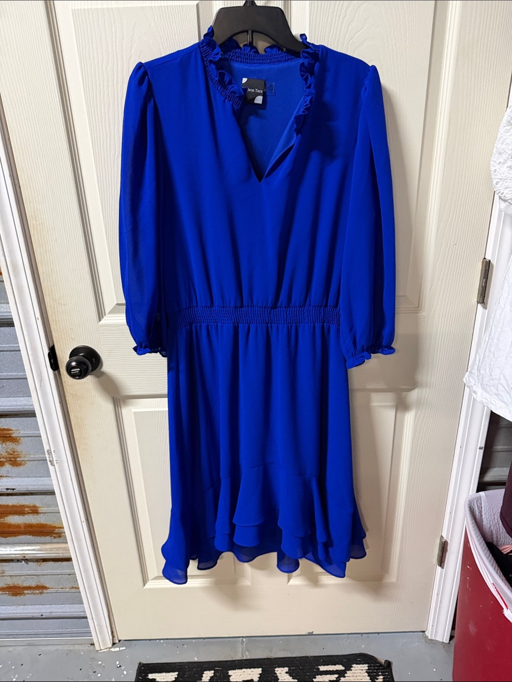 Maison Tara Royal Blue Long-Sleeve Ruffle V-Neck Dress